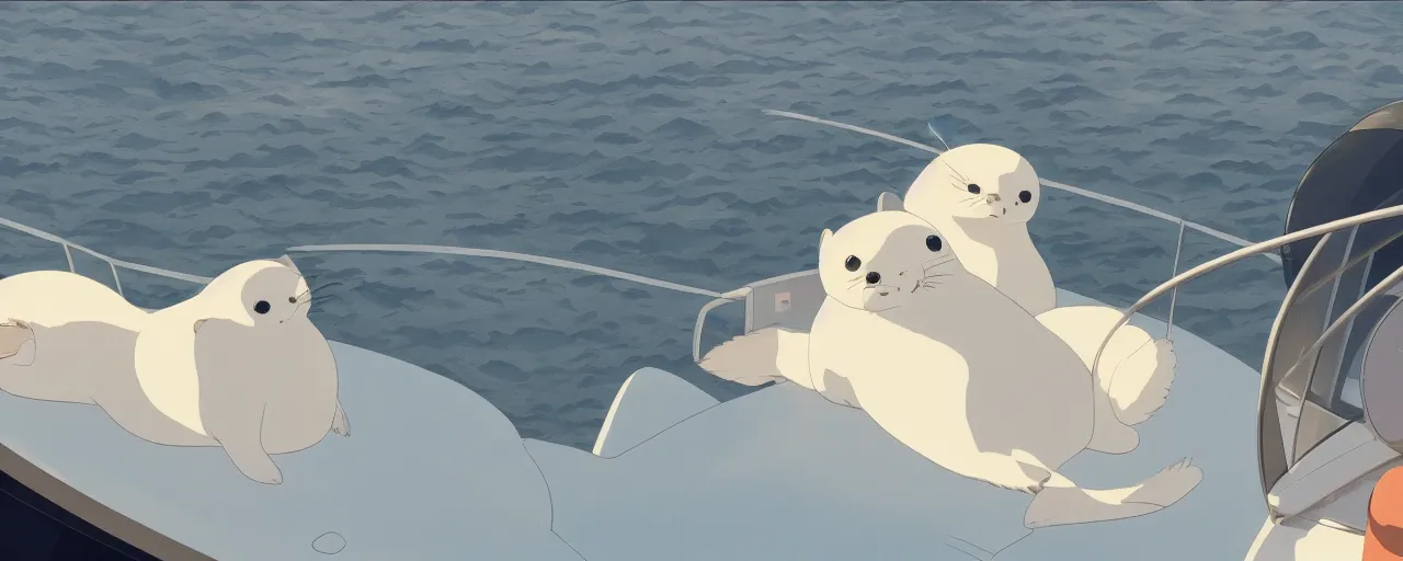 Prompt: baby harp seal on a mega yacht, detailed, atey ghailan, goro fujita, studio ghibli, rim light, exquisite lighting, clear focus, very coherent,