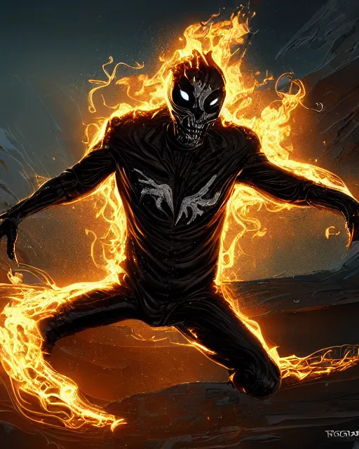 Image similar to ghost rider symbiote, dynamic lighting, fantasy concept art, trending on art station, stunning visuals, creative, cinematic, ultra detailed, comic strip style