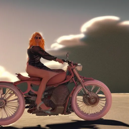 Image similar to a woman riding a motorcycle, clouds, sky by jean giraud and milo manara, 3 d render, octane render