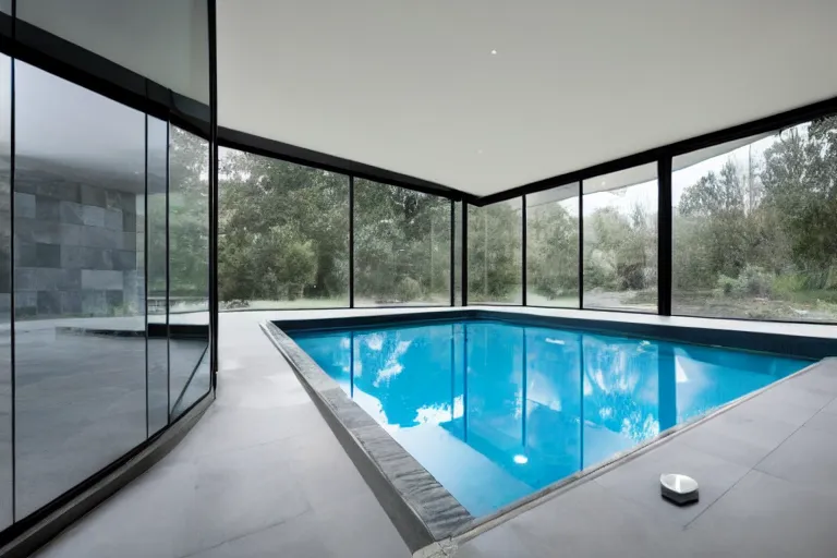 Prompt: poolrooms, modern indoor pool, grey tiling, liminal space