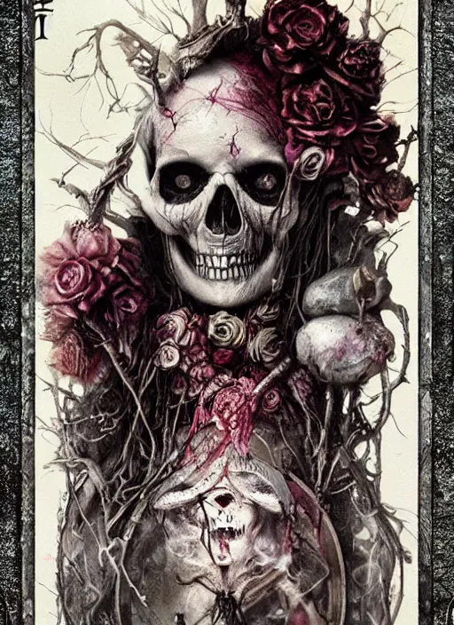 Image similar to alice in wonderland death tarot card, highly detailed, half skull face, cinematic, 8 k, by stanley artgermm, tom bagshaw, greg rutkowski, carne griffiths, ayami kojima, beksinski, giger, trending on deviantart, hyper detailed, horror, full of colour