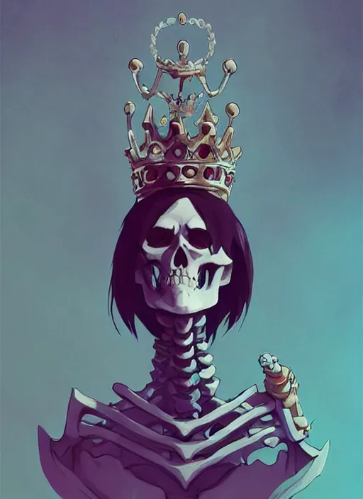 Prompt: skeleton with the clothes and crown of a king, in the style of artgerm, charlie bowater, atey ghailan and mike mignola, vibrant colors and hard shadows and strong rim light, plain background, comic cover art, trending on artstation