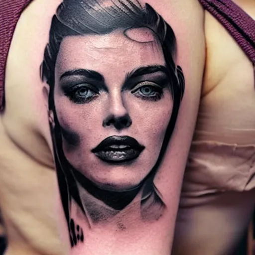 Image similar to double exposure tattoo design sketch of beautiful margot's robbie's face blended in beautiful mountains, in the style of matteo pasqualin, amazing detail