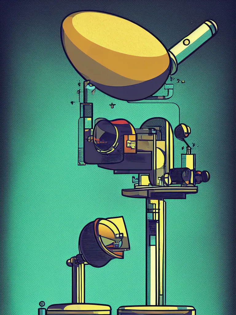 Image similar to editorial illustration scientific lab test tube telescope microscope spaceship, fine texture, dynamic composition, detailed, matte print, dynamic perspective, halftone texture, colorful modern, mads berg