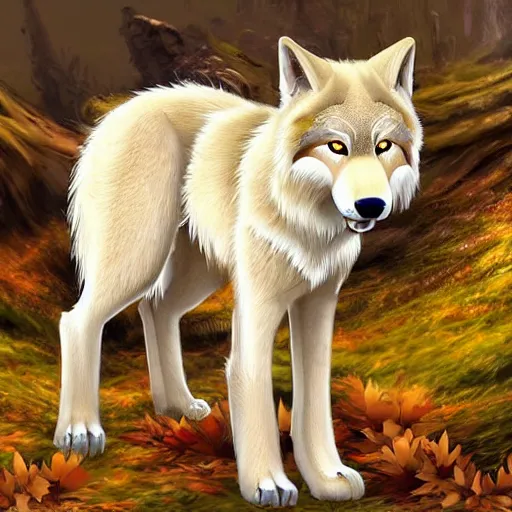 Image similar to professional stylized digital art of a full - body profile of a cream tibetan wolf, tan and light brown accents, fluffy, falling leaves, hd, 8 k, highly detailed, high quality, cute