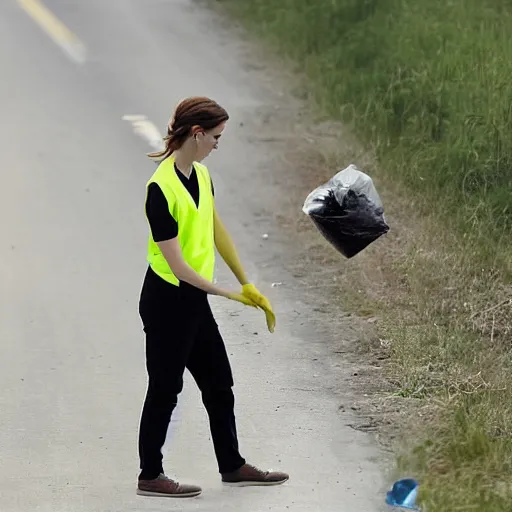 Image similar to emma watson in a hi vis vest picking up trash on the side of the interstate. 2 0 0 mm zoom, humidity haze, midday sun,