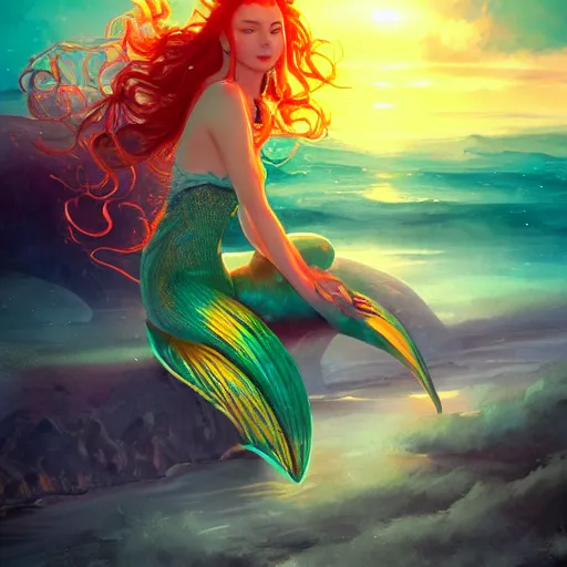 Image similar to a beautiful stunning interesting detailed fantasy whimsical matte digital illustration of a mermaid with blue-green hair, yellow-orange and red-violet spectacular sunset, in the style of Ross Tran and Marc Simonetti, magic the gathering, trending on artstation hq, contest winner