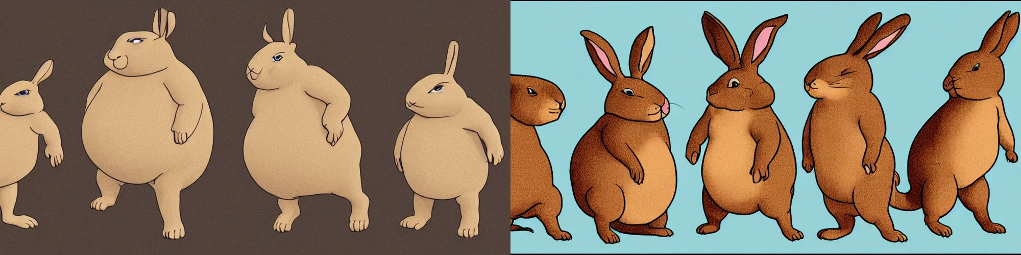 Prompt: evolution of big chungus. Three rabbit creatures in a line: the small european chungus, the big eurasian chungus and the emperor chungus. High school biology textbook illustration. beige background, very detailed art. three separate animals