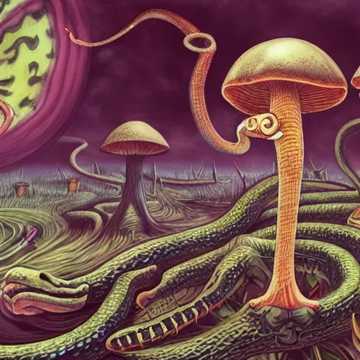 Image similar to A centered chest up portrait of a psychedelic demonic anthropomorphic snake smoking a hand-rolled cigarette smoking heavily , magic mushroom village in background , award winning. superb resolution. in the art style of junji Ito and greg rutkowski . Detailed Mushroom city in background. Hyper realistic anime. Perfect art. Dalle2