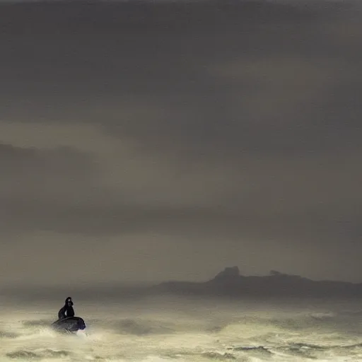 Image similar to maori girl riding a whale in ocean ,in the rain, style of Hiroshi Sugimoto ,atmospheric illustration,