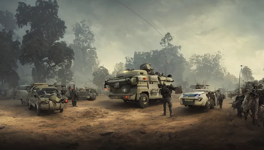 Prompt: a militarized police vehicle riding through a kerala village, furious action scene, an epic fantasy, dramatic lighting, cinematic, establishing shot, extremely high detail, photorealistic, cinematic lighting, artstation, matte painting, octane render, hdr, by simon stalenhag, horizon forbidden west