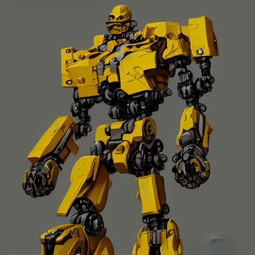 Prompt: yellow mecha Keetongu Bionicle, big pan shaped head, by Greg Rutkowski