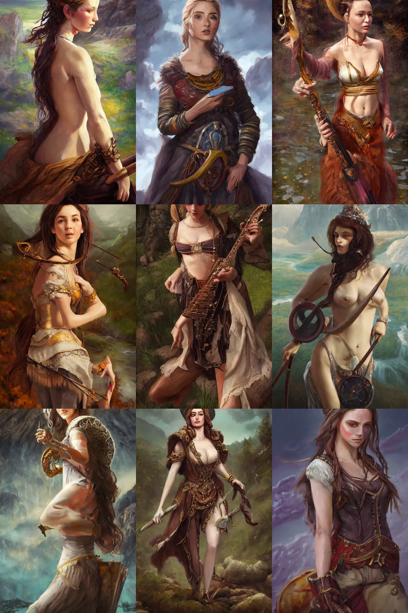 Image similar to a full body high detail fantasy portrait oil painting illustration of a single beautiful sophisticated bard woman by justin sweet with face and body clearly visible, in a scenic background, pupils visible, realistic proportions, d & d, rpg, forgotten realms, artstation trending, high quality, sombre mood, artstation trending, muted colours, entire person visible!