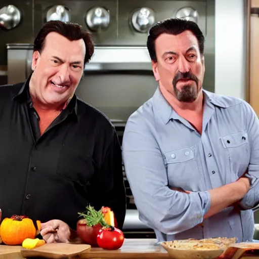 Prompt: john travolva and steven segal host a cooking show