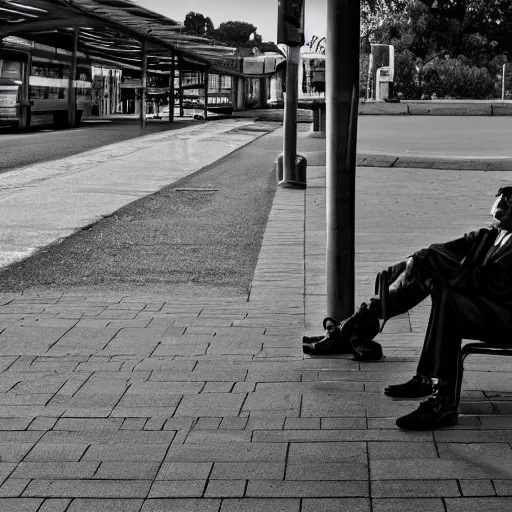 Prompt: the man waiting on bus station, he is angry because the driver didn't stop, he's tired after all day work, with many negative emotions inside his head, hyper detailed, realistic photography, 4k,