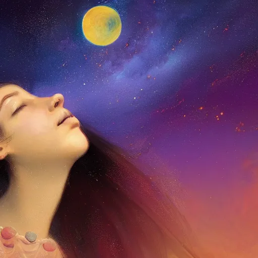 Prompt: A beautiful illustration of a young girl with long flowing hair, looking up at the stars. She appears to be dreaming or lost in thought. mariachi, medieval parchment by Scott Naismith, by Lorenz Hideyoshi, by Michael Whelan vfx, beautiful