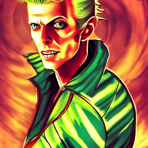 Prompt: handsome portrait of a david bowie posing, radiant light, caustics, war hero, style of vento aureo cover art, style of stone ocean cover art, style of steel ball run cover art, ilya kuvishinov style, illustrated by hirohhiko araki