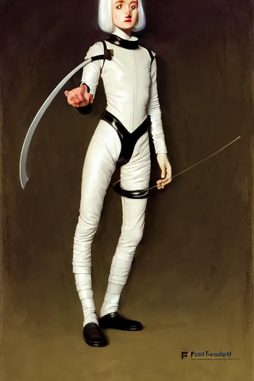 Prompt: pulp scifi fantasy illustration full body portrait android girl, fencer, white hair, in leather, by norman rockwell, roberto ferri, daniel gerhartz, edd cartier, jack kirby, howard v brown, ruan jia, tom lovell, frank r paul, jacob collins, dean cornwell, astounding stories, amazing, fantasy, other worlds