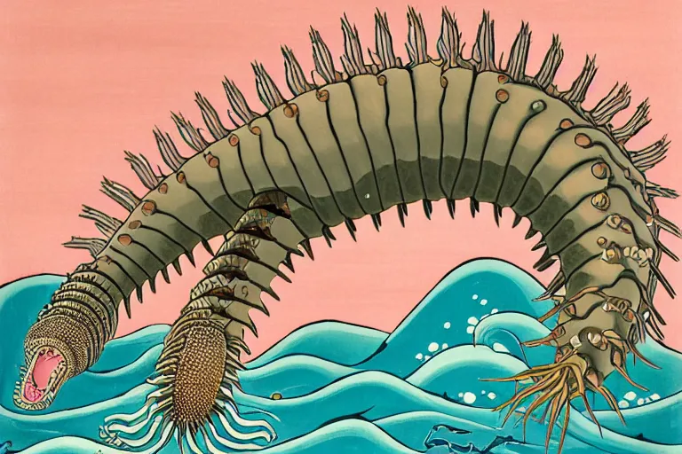 Image similar to ukiyoe painting of in a cambrian era ocean crawls an anatomically correct hallucigenia upon pink sand, trending on artstation