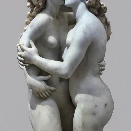 Prompt: sculpture of venus de milo and aphrodite hugging each other, hyperrealistic style in carrara marble
