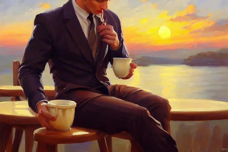 Image similar to attractive man drinking coffee, sunset, painting by vladimir volegov, j. c. leyendecker, tom of finland, trending on artstation