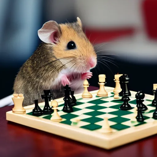 Prompt: a hamster playing chess, seen from the opponents view