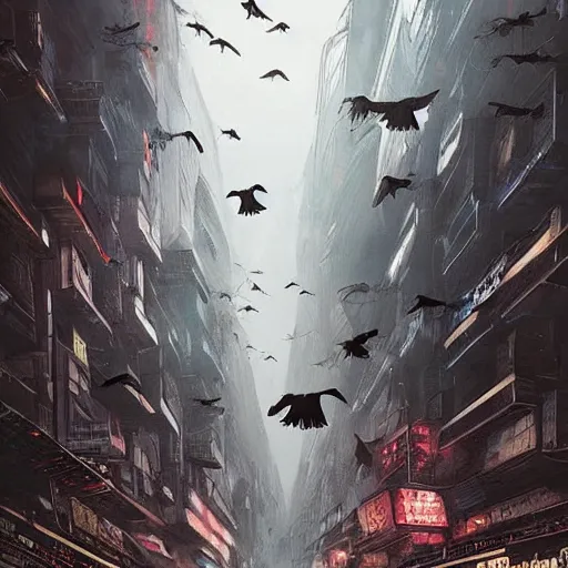 Prompt: A dark painting of a cyberpunk city infested with giant pigeons, trending on deviantart