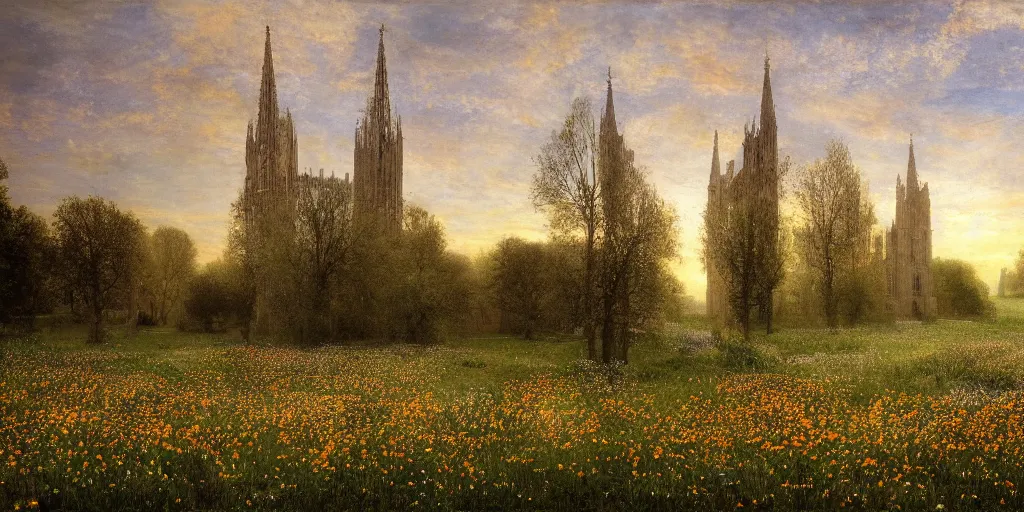 Prompt: a recursive cathedral made of mirrors within a wildflower meadow at dawn, in the style of alma tadema