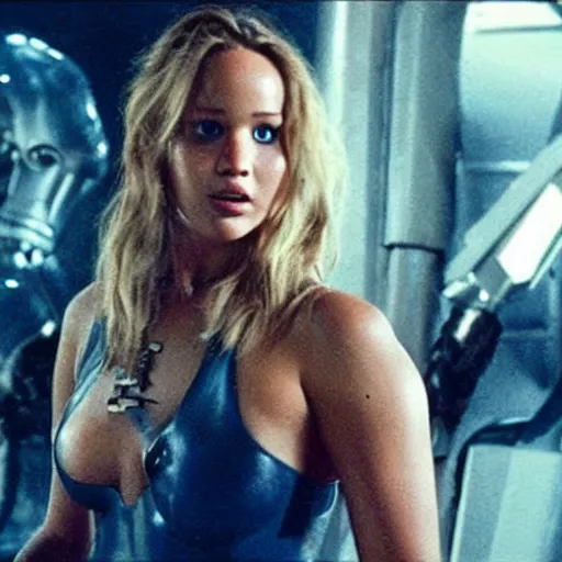 Image similar to amazing promo of Jennifer Lawrence as the T-9000 in a 2029 remake of Terminator