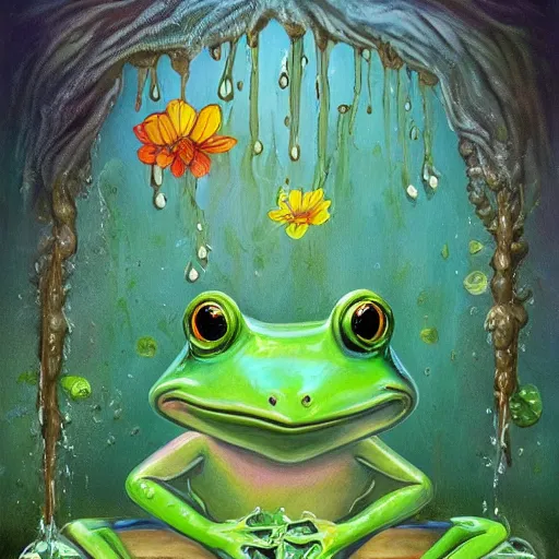 Prompt: a beautiful painting of singular frog frog dripping garden, trending on artstation