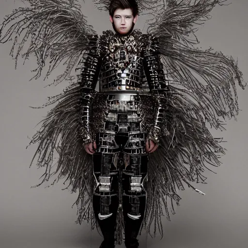 Image similar to a portrait of a beautiful young male wearing an alexander mcqueen armor made of circuits, photographed by andrew thomas huang, artistic