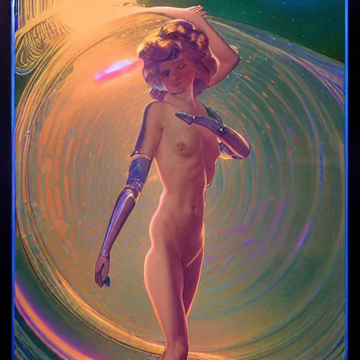 Image similar to a beautiful female machine droid in ocean waves of glossy liquid stardust flowing like psychedelic soap bubble, lsd waves, lsd ripples, backlit, dramatic, refracted lighting, masterpiec volumetric lighting, 8 k octane, beautifully detailed render, post - processing, extremely detailed, intricate, epic composition, cinematic lighting, scifi art nouveau by collier. alphonse mucha