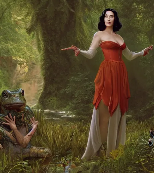 Image similar to film still of Monica Bellucci as snow white in a forest by a pond with frogs, by artgerm, makoto sinkai, magali villeneuve, Gil Elvgren, Earl Moran,Enoch Bolles, symmetrical,