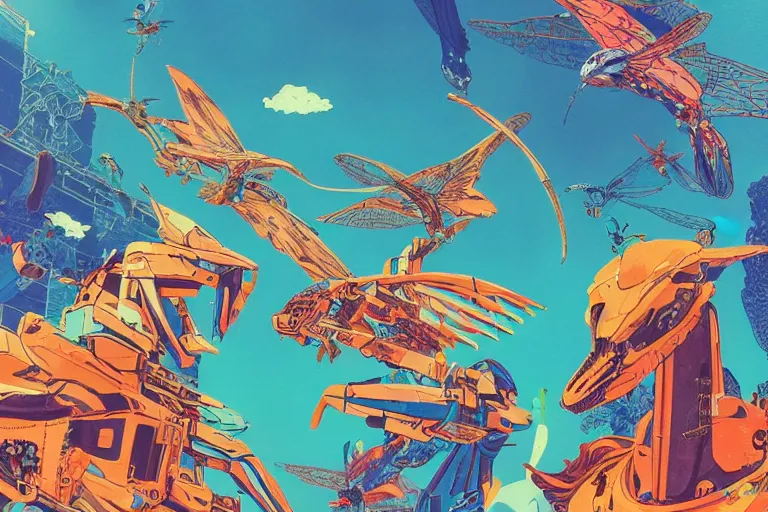 Image similar to risograph, gigantic mecha arzach birds with dragonflies, tiny rats, a lot of exotic animals around, big human faces everywhere, helicopters and tremendous birds, by satoshi kon and moebius, matte summer blue colors, surreal psychedelic design, crispy, super - detailed, a lot of tiny details, 4 k, fullshot