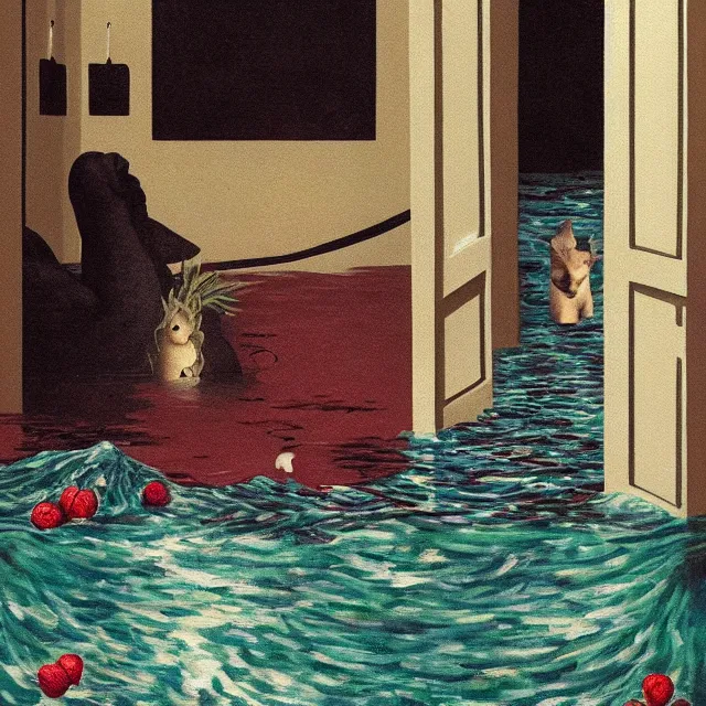 Image similar to painting of flood waters inside an apartment, emo catgirl art student, a river flooding inside, taps with running water, tangelos, zen, pigs, ikebana, water, river, rapids, waterfall, black swans, canoe, pomegranate, berries dripping, acrylic on canvas, surrealist, by magritte and monet