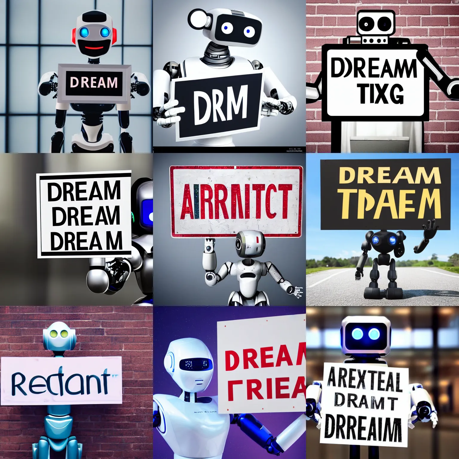 Image similar to artificial intelligence robot holding a sign with text that reads : dream