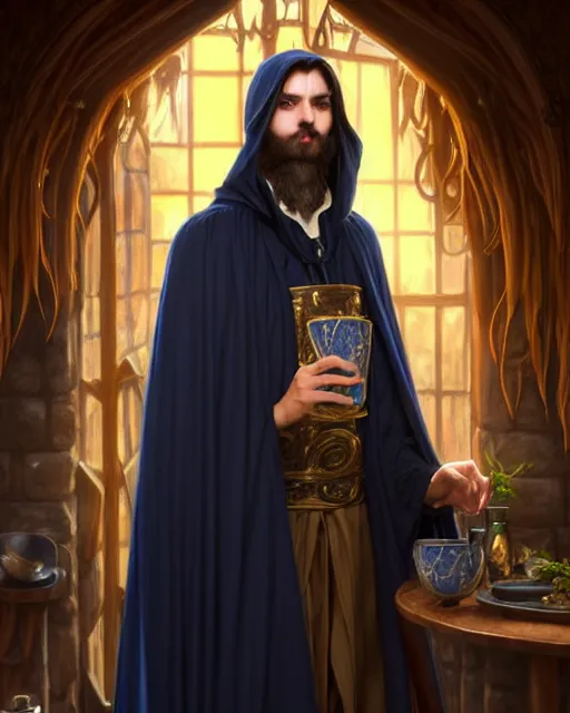 Prompt: handsome male wizard in a tavern, long black hair blue eyes young face wearing cloth mantle gothic navy cloak with gold details, tree town, fantasy character portrait, ultra realistic, intricate, elegant, cinematic lighting, highly detailed, digital painting, artstation, smooth, sharp, focus, illustration, art by artgerm and greg rutkowski and alphonse mucha