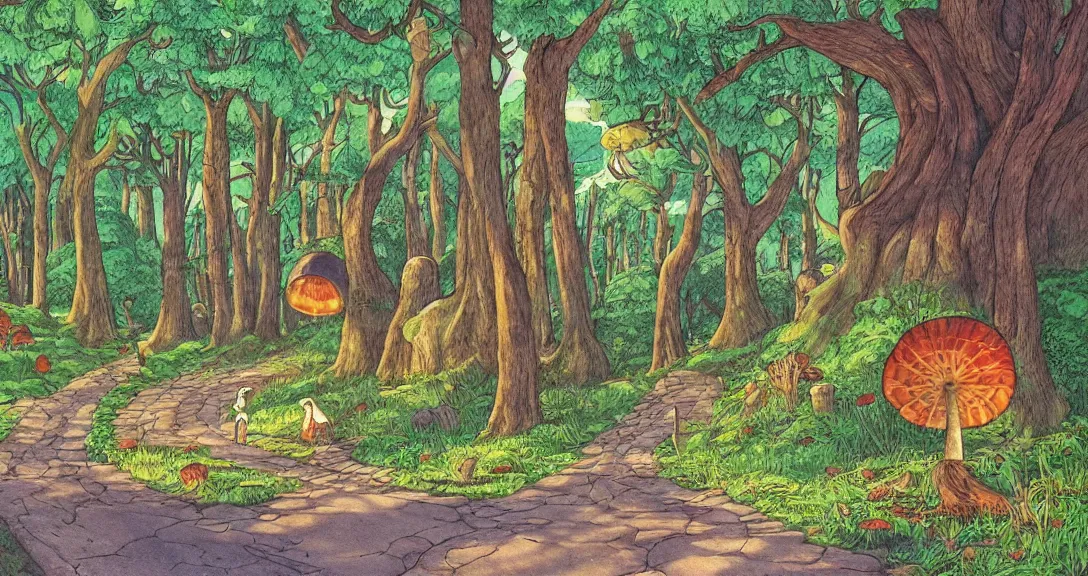 Prompt: road in a forest road, with different birds and animals, small and big fairy tale buildings, giant mushrooms, weird creatures, highly detailed, fantasy art, fairy tale illustration, book illustration, by sven nordqvist, by studio ghibli, by tove jansson