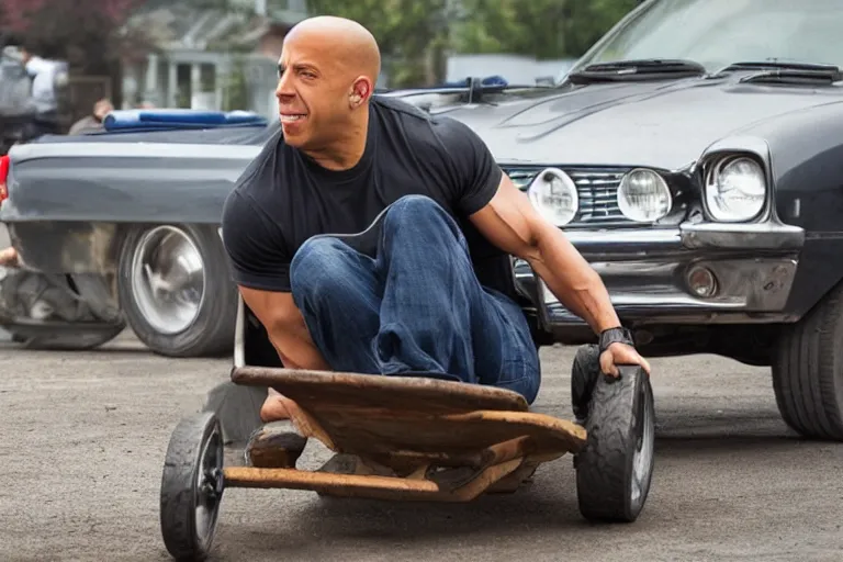 Image similar to Vin Diesel driving a wheelbarrow