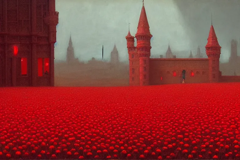 Image similar to only with red, red flowers of different types, red castle in background, red medieval goblins, in the style of beksinski, parts by edward hopper, parts by rodcenko, parts by yue minjun, intricate and epic composition, red by caravaggio, insanely quality, highly detailed, masterpiece, red light, artstation, 4 k