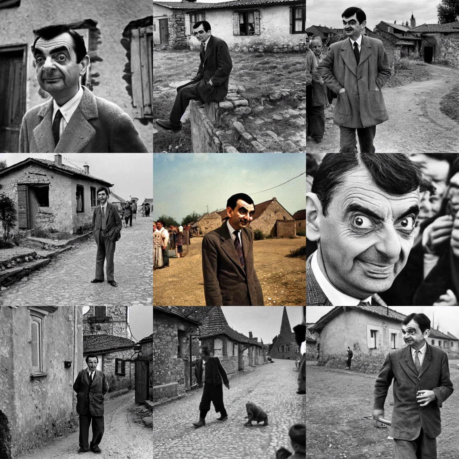 Prompt: mr bean in a hungarian village, long shot, famous photo by robert capa, 8 k