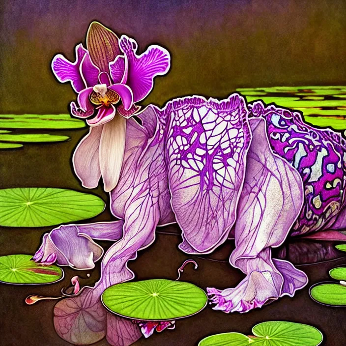 Image similar to psychedelic animal made of orchid on pond of waterlilies, diffuse lighting, fantasy, intricate, elegant, highly detailed, lifelike, photorealistic, digital painting, artstation, illustration, concept art, smooth, sharp focus, art by John Collier and Albert Aublet and Krenz Cushart and Artem Demura and Alphonse Mucha