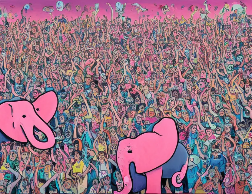 Image similar to a painting of a concert by bananas playing death metal while the public are pink elephants in the sky in the style of artist James Jean