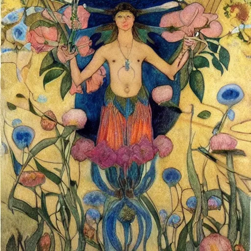 Prompt: the flower prince, by Annie Swynnerton!!!! and Nicholas Roerich! and (Edmund Dulac) and ((((Diego Rivera)))), bioluminescent skin, floral tattoos, elaborate costume, geometric ornament, symbolist, rich colors, dramatic lighting, smooth, sharp focus, extremely detailed