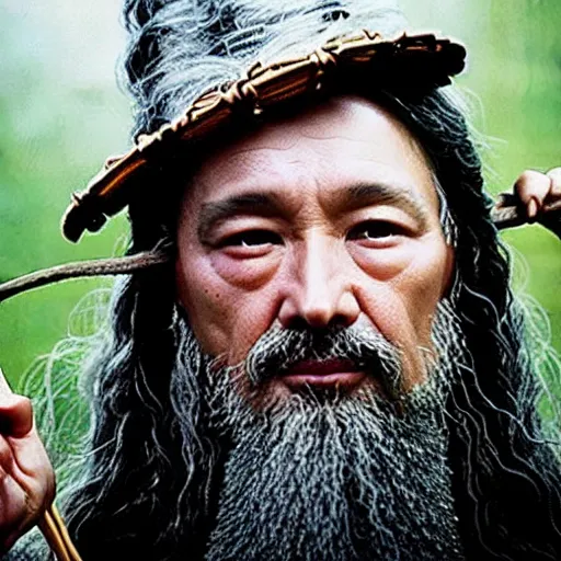 Image similar to a still from “ lord of the rings ” of a head and shoulders portrait of fei lung as a wizard with a hat and a wooden staff, photo by phil noto