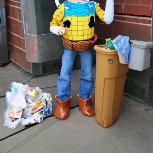Prompt: andy from toy story thrown out the trash