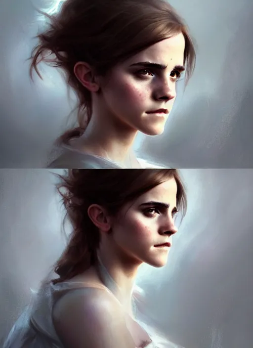 Prompt: portrait of emma watson, digital art by artgerm and greg rutkowski, gaston bussiere, sakimi chan and android jones and karol bak, cinematic lighting, trending on artstation, volumetric dust, intricate, elegant