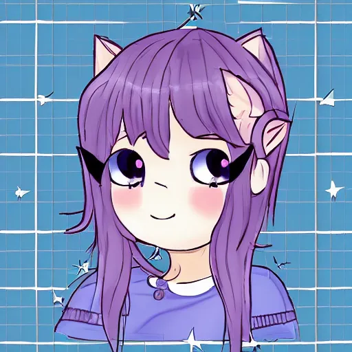 Prompt: Twitter profile picture of an illustrated catgirl with purple hair in a cute style