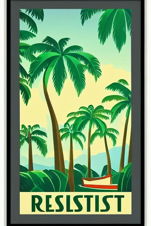 Image similar to art deco travel poster. rainforest, framed poster, hires