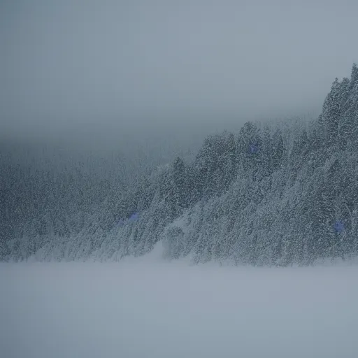 Image similar to a monolithic mountain in a taiga. overcast sky, snowing.